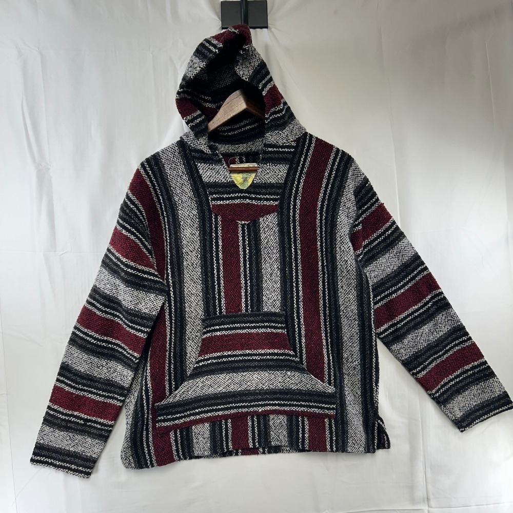 Iguana Jack Baja Hoodie Mens L Burgundy Black Grey Striped Woven Pullover